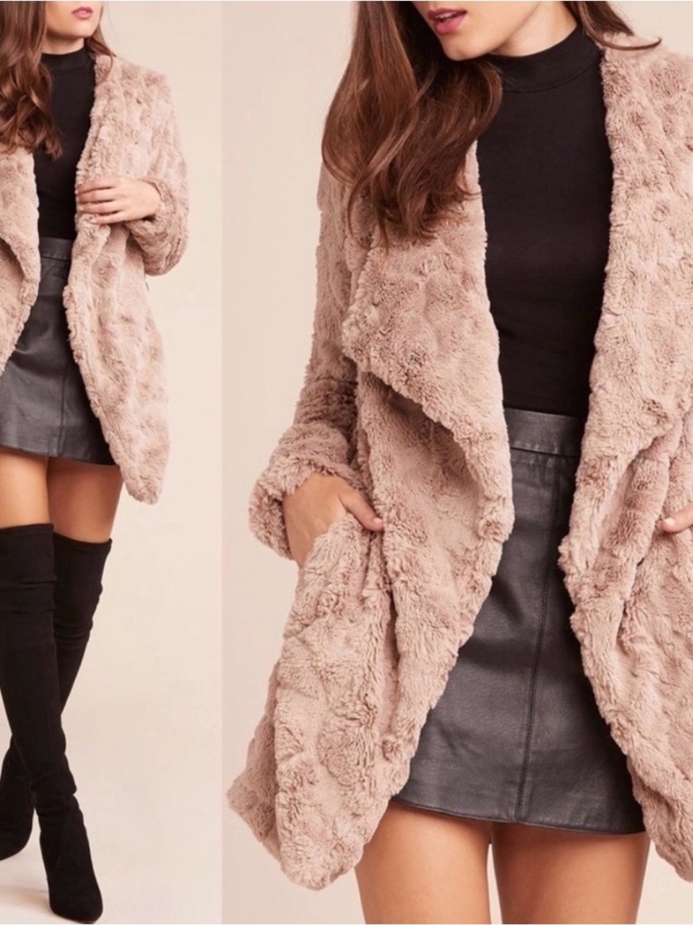 BB DAKOTA Draped Faux Fur Coat, Light Taupe, Size M, NWOT